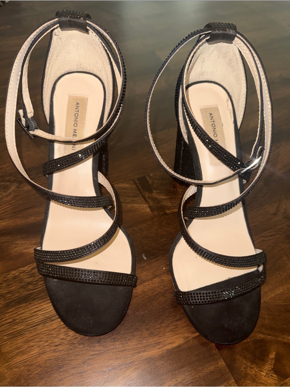 ANTONIO MELANI Black Strappy Crystal Accent Heels